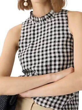 J.Crew 2023 Fleur Linen Black White Gingham High Ruffled Neck Top Size S